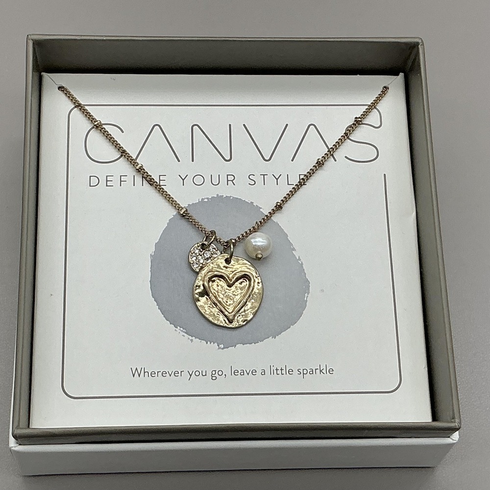 Canvas Necklace Gold Tone Heart Pendant Pearl Rhinestone Charm Womens Jewelry‎